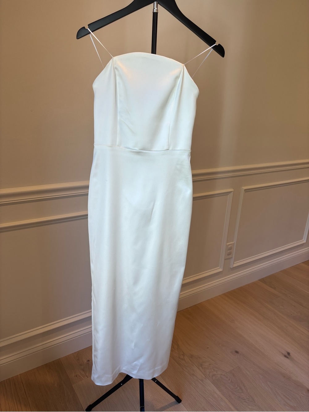 Amanda Uprichard Elegant White Satin Strapless Midi Dress, Bridal, Engagement